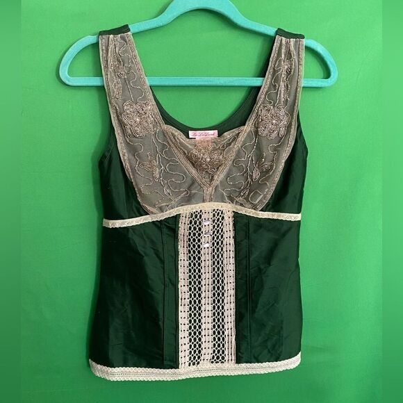 EUC LU LU LAME Vintage Silk & Lace Green Sheer Hand Beaded Sleeveless Blouse Sm - Picture 1 of 12